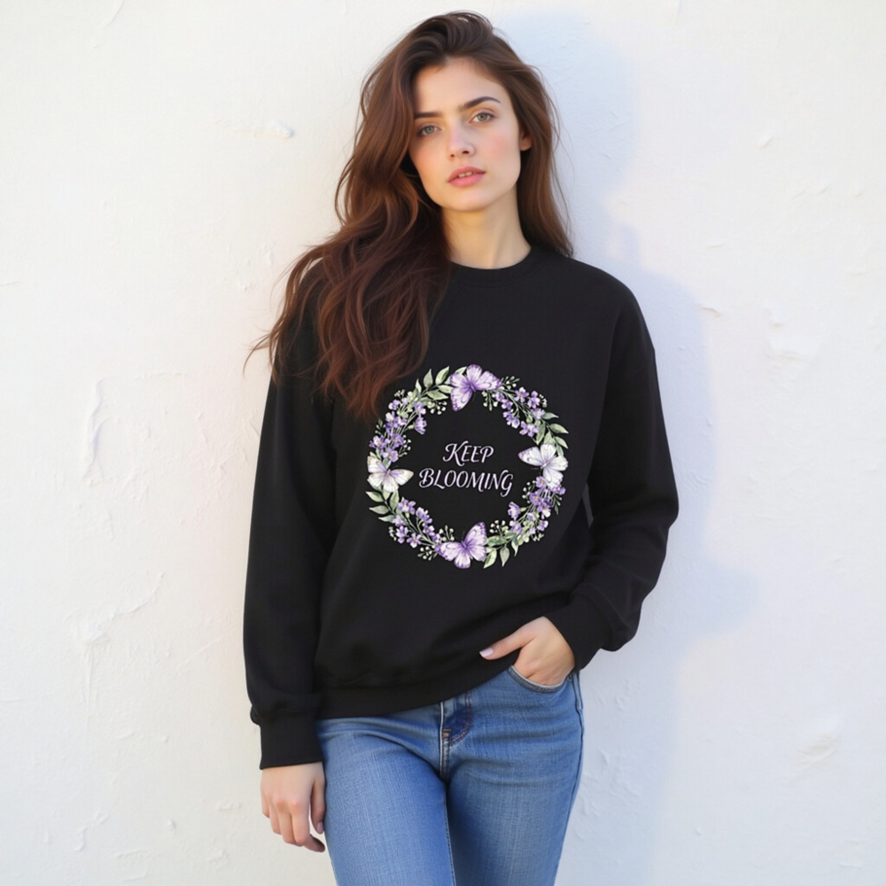 Unisex Crew Neck Sweatshirt - Keep Blooming Floral Butterfly Design, Black - Image 2