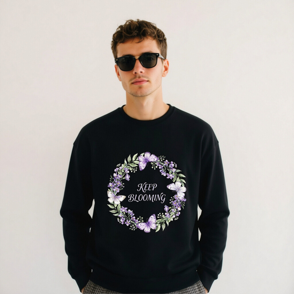Unisex Crew Neck Sweatshirt - Keep Blooming Floral Butterfly Design, Black - Image 3