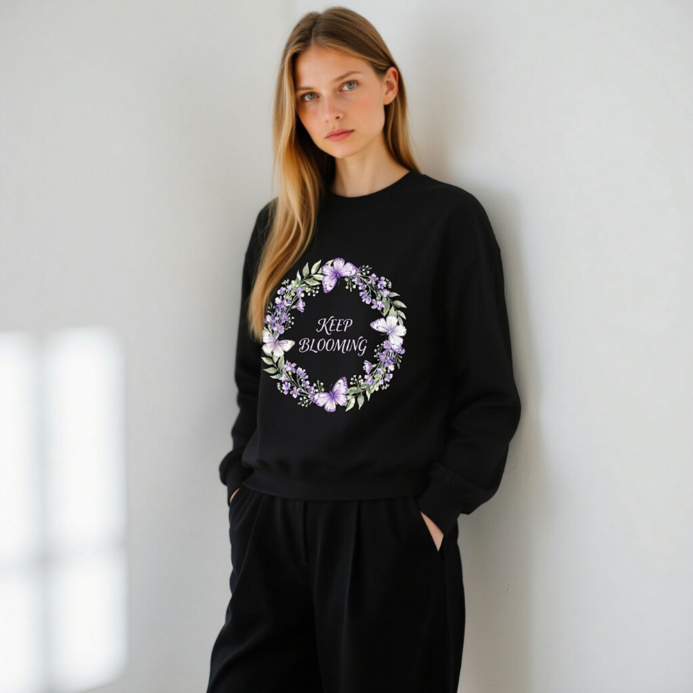 Unisex Crew Neck Sweatshirt - Keep Blooming Floral Butterfly Design, Black - Image 6