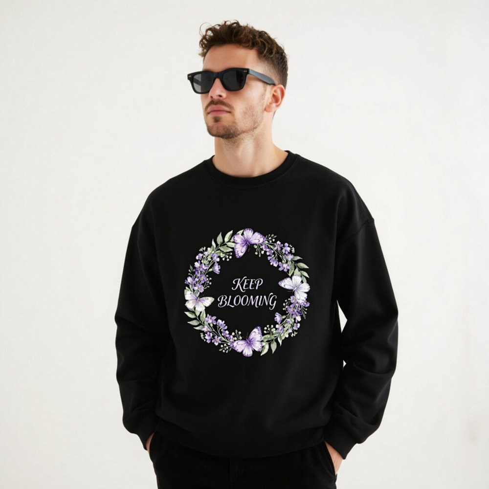 Unisex Crew Neck Sweatshirt - Keep Blooming Floral Butterfly Design, Black - Image 7