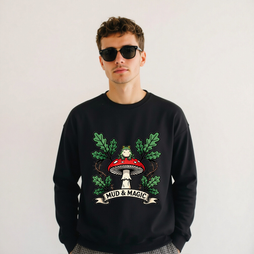 Mud & Magic Frog on Mushroom Unisex Crew Neck Sweatshirt - Black - Image 3