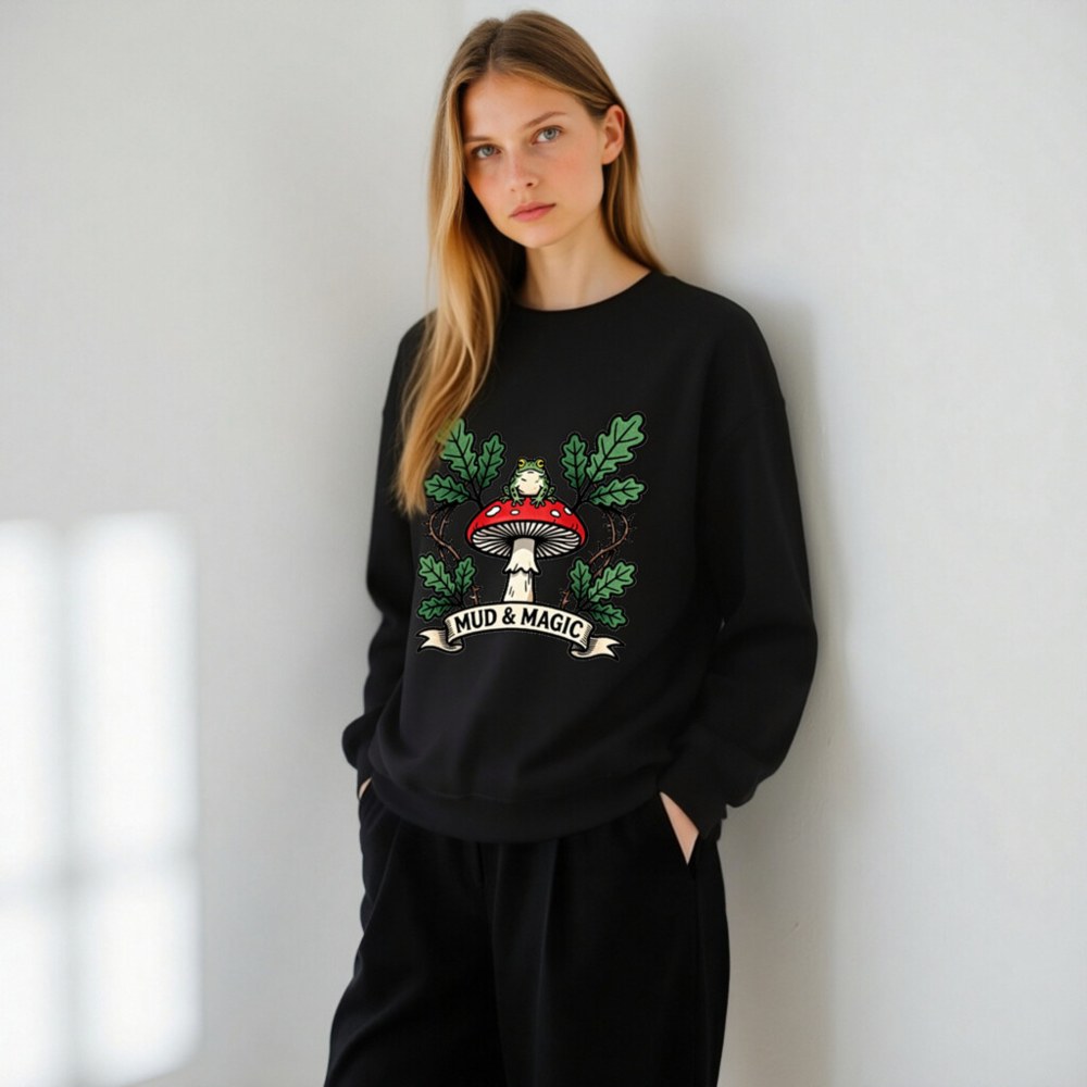 Mud & Magic Frog on Mushroom Unisex Crew Neck Sweatshirt - Black - Image 6