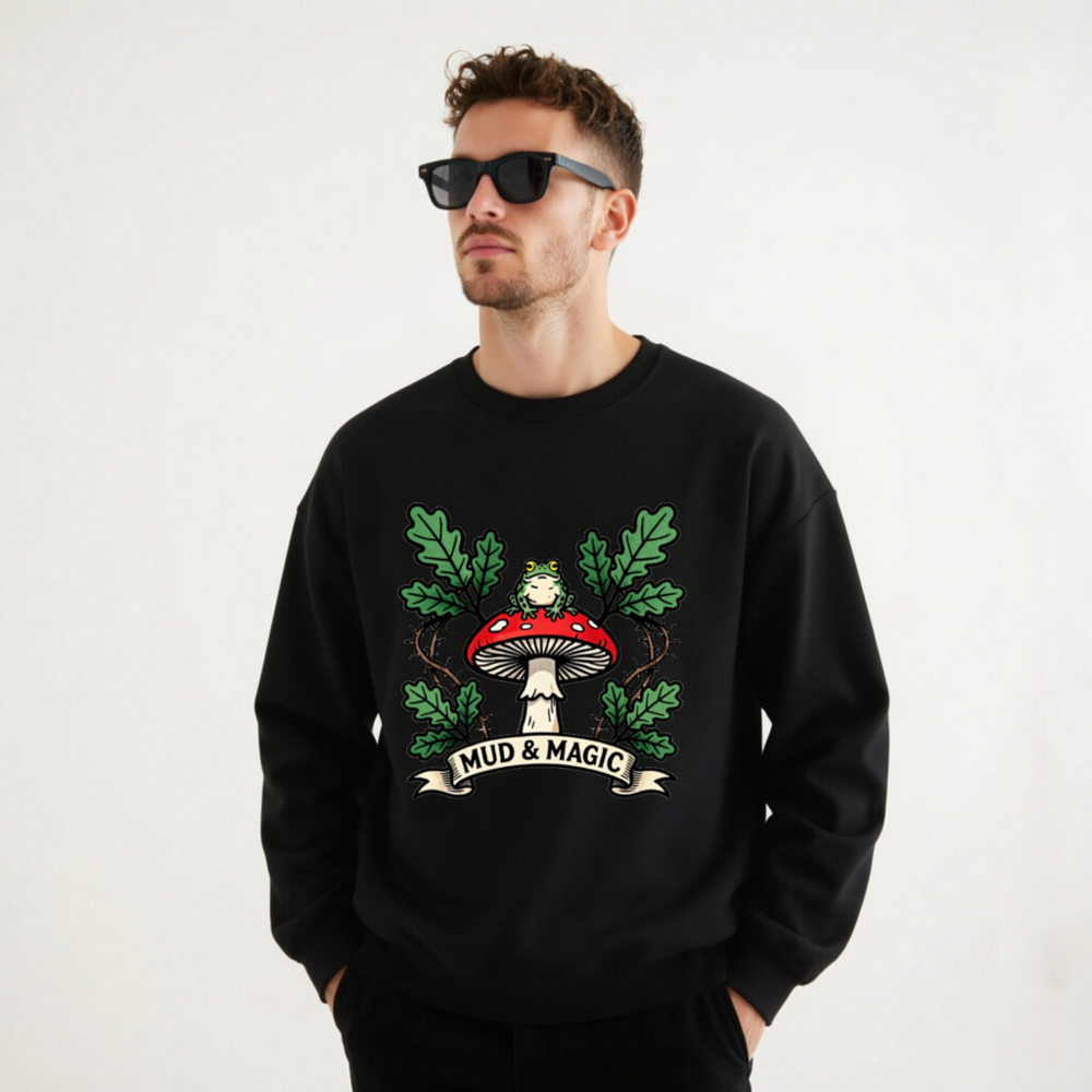 Mud & Magic Frog on Mushroom Unisex Crew Neck Sweatshirt - Black - Image 7
