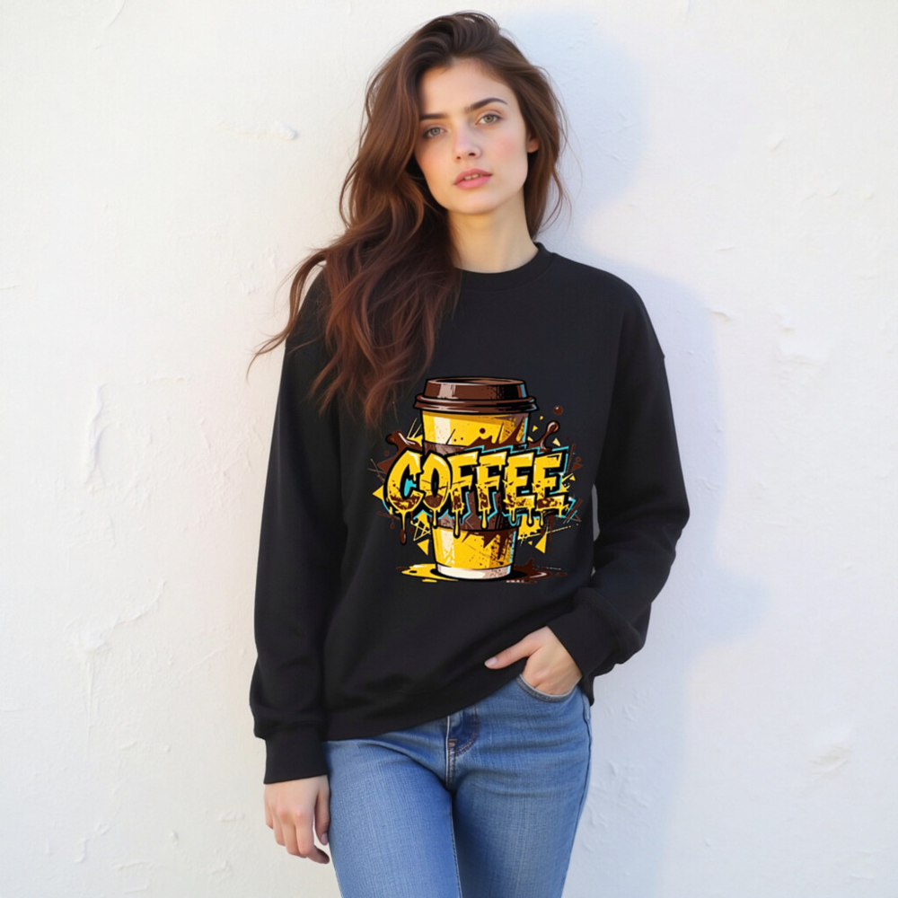 Unisex Coffee Crew Neck Sweatshirt | Yellow & Brown Graphic Design - Image 2
