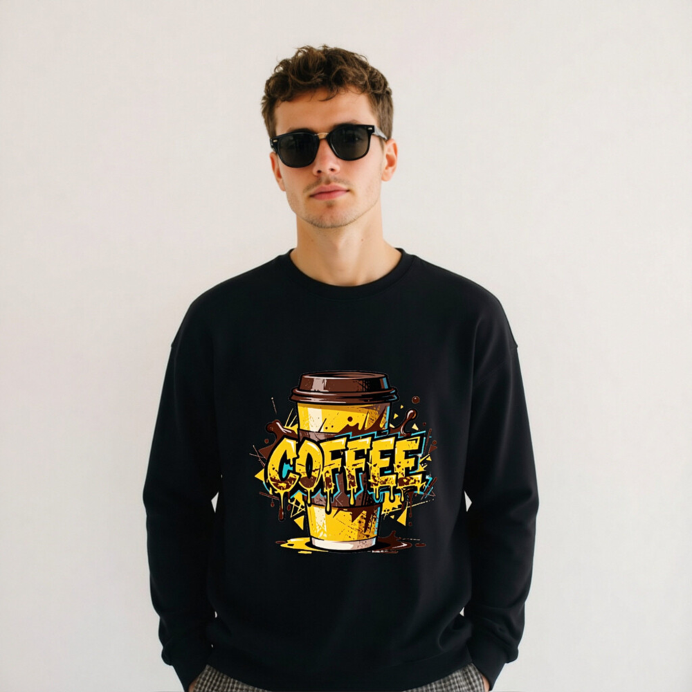 Unisex Coffee Crew Neck Sweatshirt | Yellow & Brown Graphic Design - Image 3