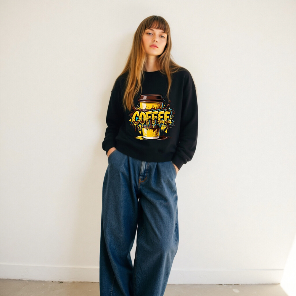 Unisex Coffee Crew Neck Sweatshirt | Yellow & Brown Graphic Design - Image 5