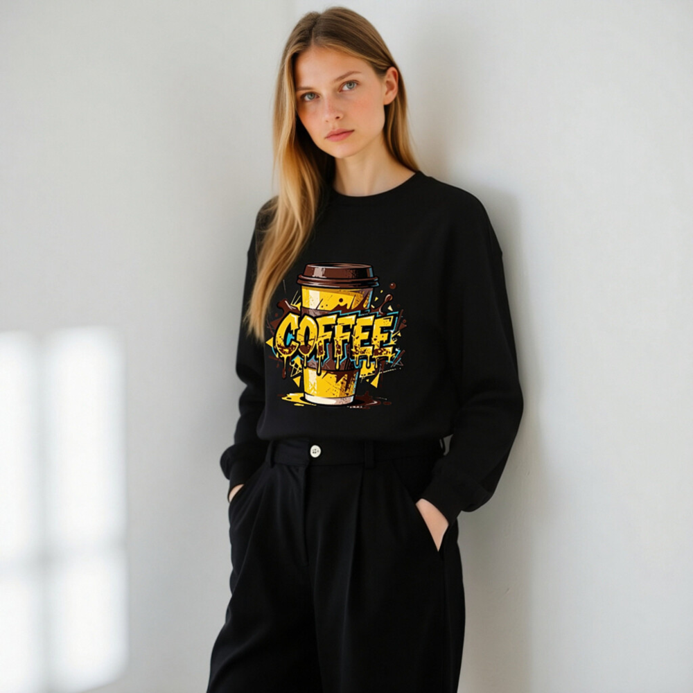 Unisex Coffee Crew Neck Sweatshirt | Yellow & Brown Graphic Design - Image 6