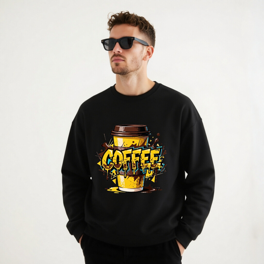 Unisex Coffee Crew Neck Sweatshirt | Yellow & Brown Graphic Design - Image 7