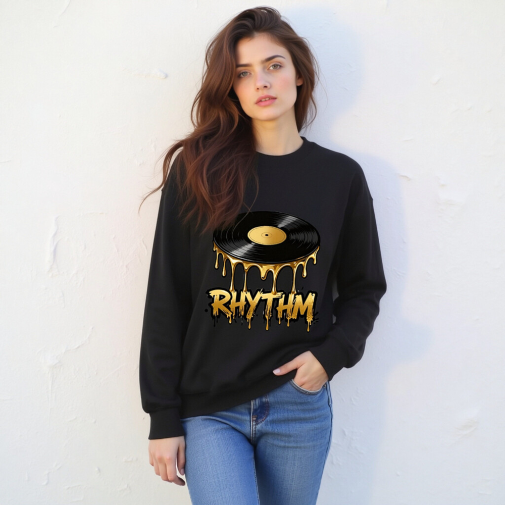 Rhythm Vinyl Record Sweatshirt - Unisex Crew Neck, Gold Drip Design - Image 2