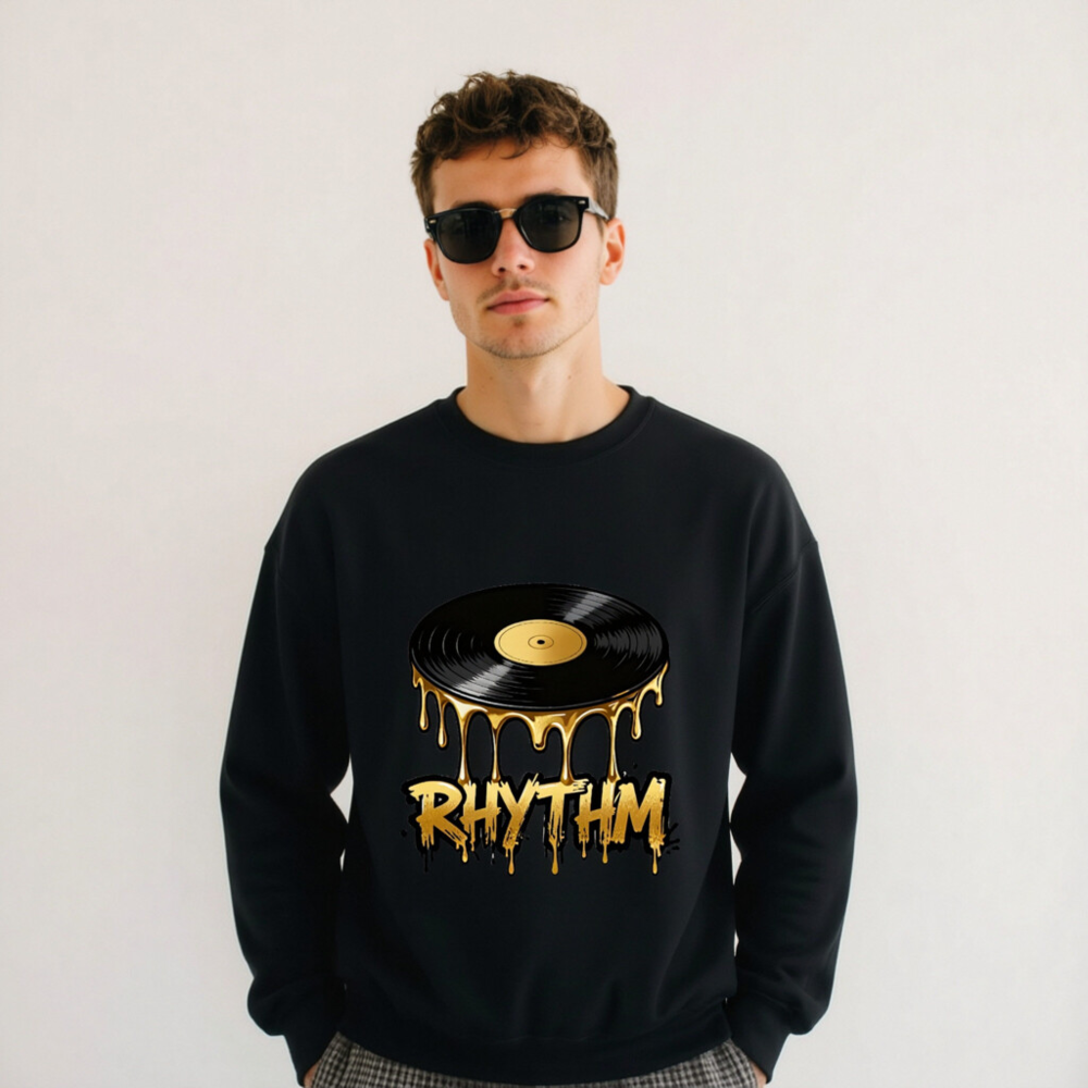Rhythm Vinyl Record Sweatshirt - Unisex Crew Neck, Gold Drip Design - Image 3