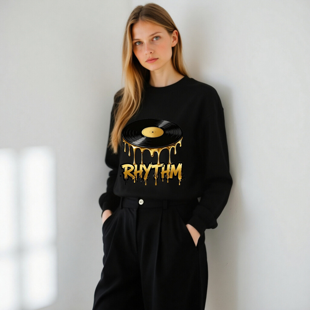 Rhythm Vinyl Record Sweatshirt - Unisex Crew Neck, Gold Drip Design - Image 6
