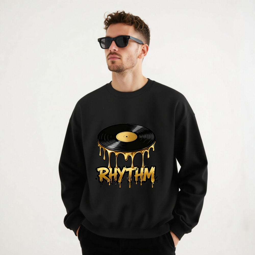 Rhythm Vinyl Record Sweatshirt - Unisex Crew Neck, Gold Drip Design - Image 7