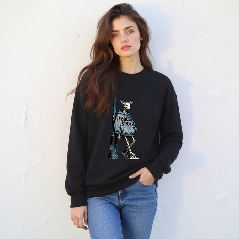 Unisex Crew Neck Sweatshirt - Cold Soul Skeleton Deer Graphic Hoodie - Image 2
