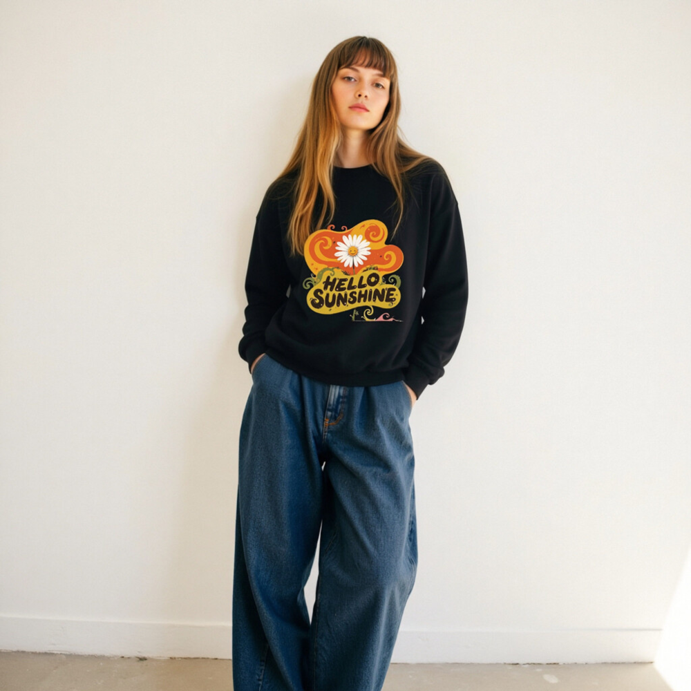 Unisex Crew Neck Sweatshirt - Hello Sunshine Flower Graphic, Comfortable Soft Fleece - Image 5