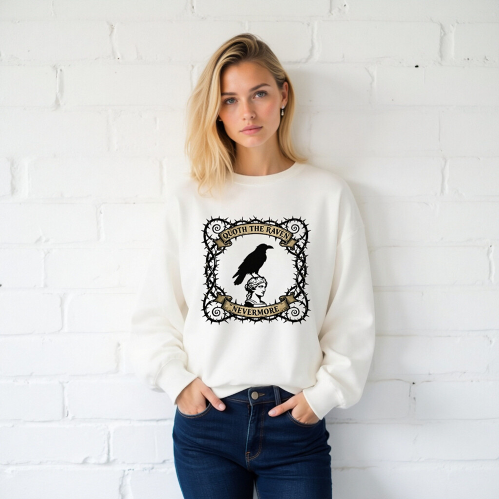 Unisex Crew Neck Sweatshirt - Quoth the Raven Nevermore, Gothic Raven & Bust Design - Image 2