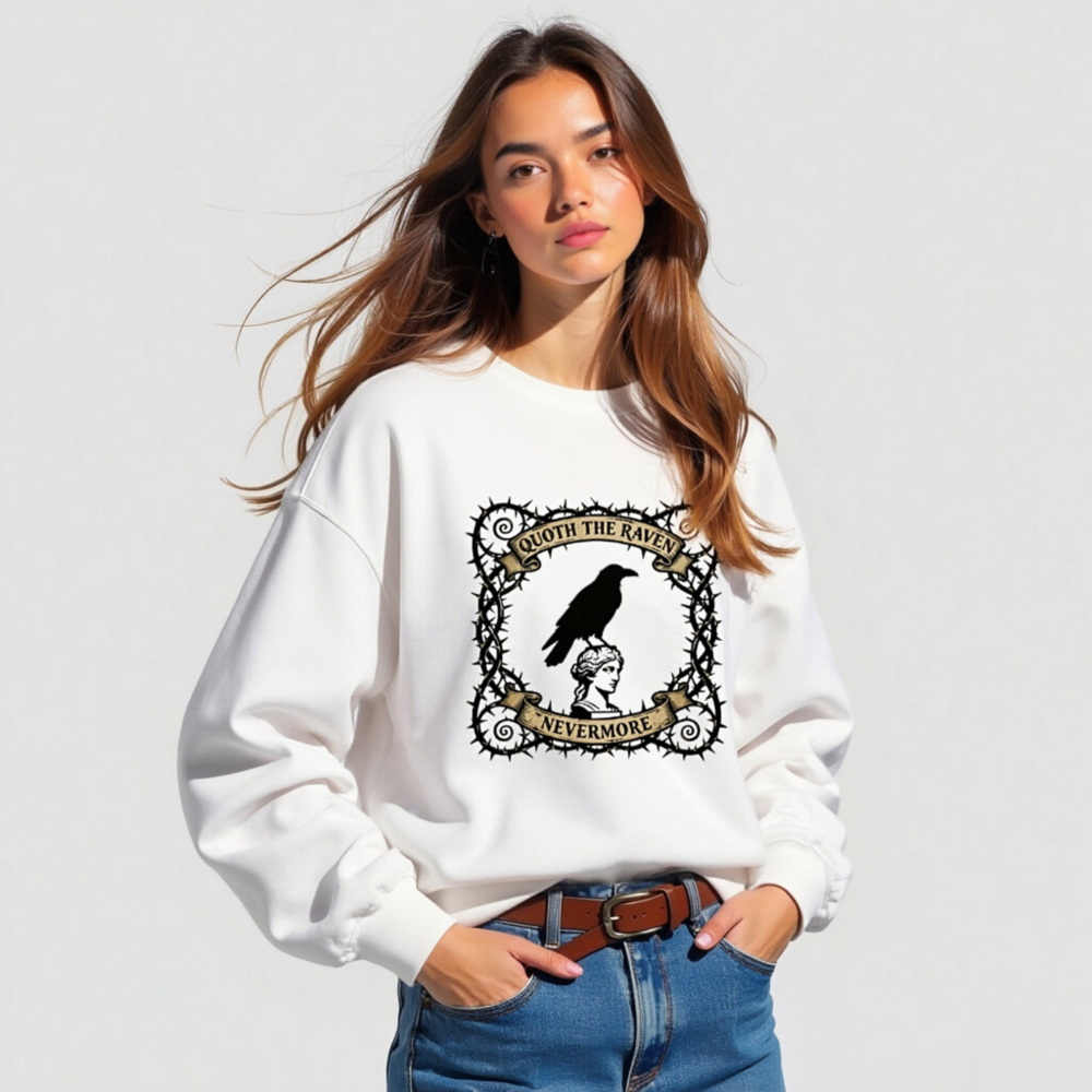 Unisex Crew Neck Sweatshirt - Quoth the Raven Nevermore, Gothic Raven & Bust Design - Image 3