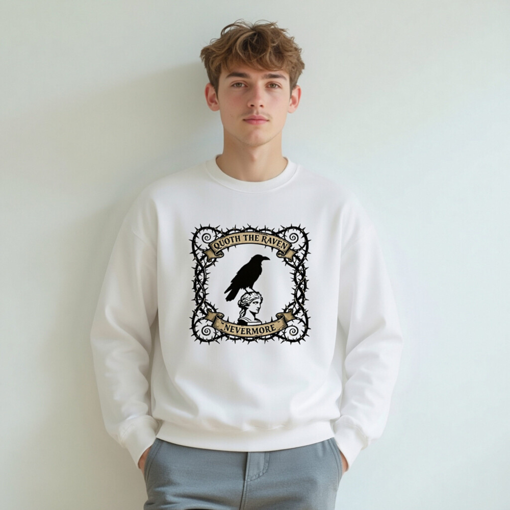 Unisex Crew Neck Sweatshirt - Quoth the Raven Nevermore, Gothic Raven & Bust Design - Image 4