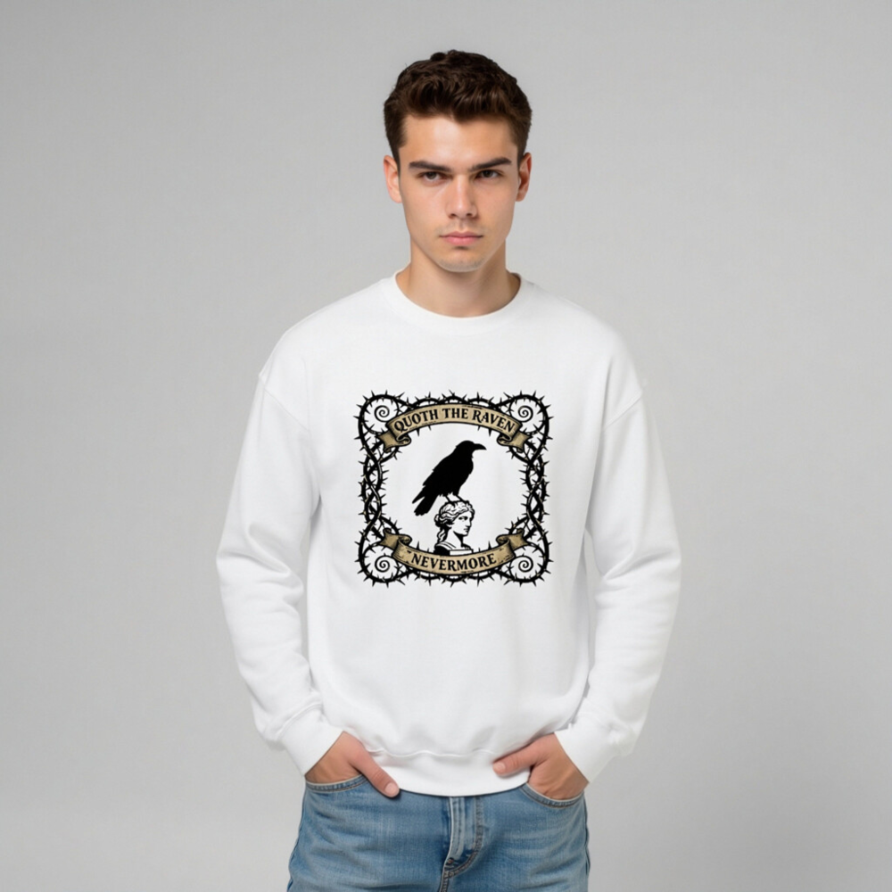 Unisex Crew Neck Sweatshirt - Quoth the Raven Nevermore, Gothic Raven & Bust Design - Image 6