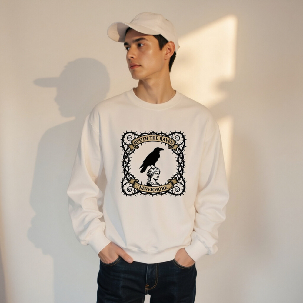 Unisex Crew Neck Sweatshirt - Quoth the Raven Nevermore, Gothic Raven & Bust Design - Image 7