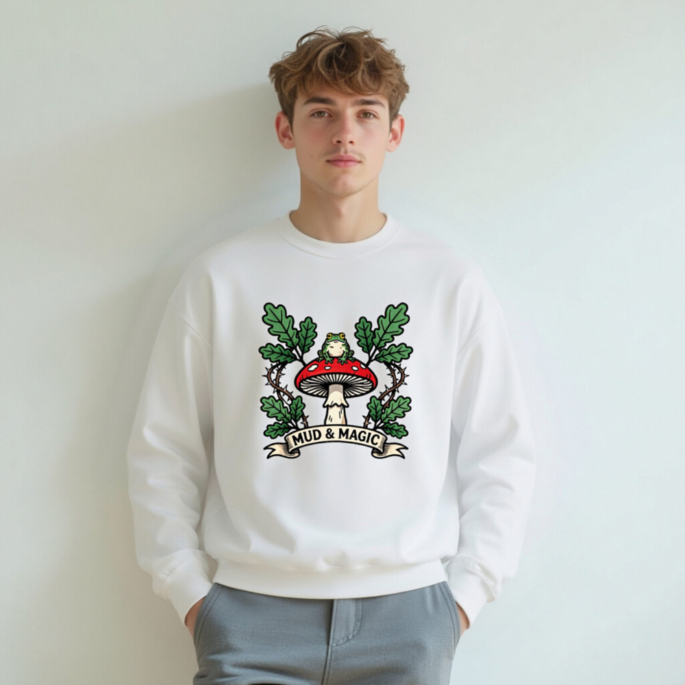Mud & Magic Frog Mushroom Unisex Sweatshirt - Red Cap, Oak Leaves, Gothic Style - Image 4