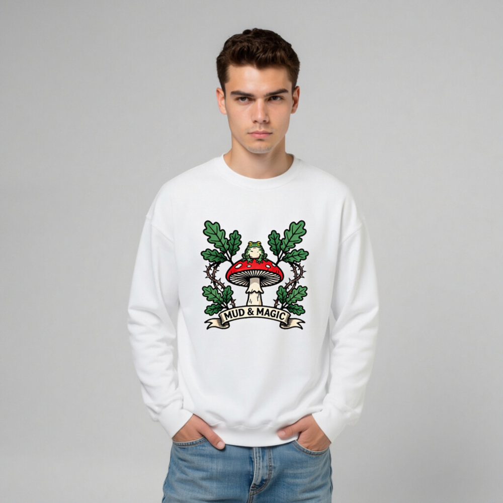 Mud & Magic Frog Mushroom Unisex Sweatshirt - Red Cap, Oak Leaves, Gothic Style - Image 6