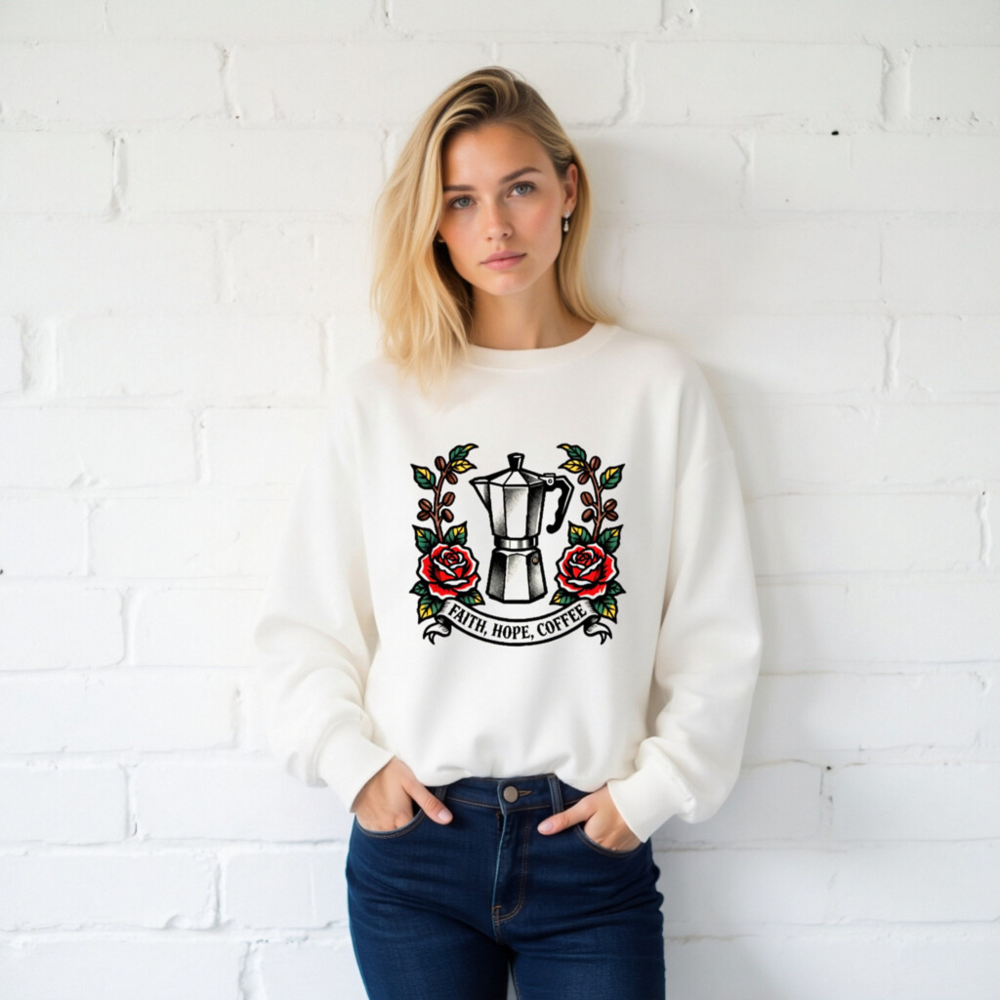 Unisex Coffee Moka Pot Sweatshirt - Faith, Hope, Coffee Tattoo Design - Image 2