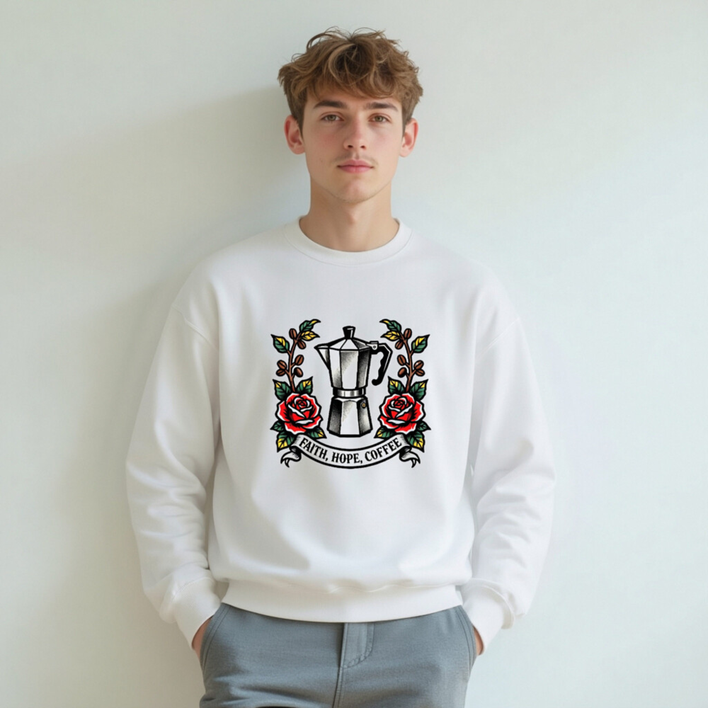 Unisex Coffee Moka Pot Sweatshirt - Faith, Hope, Coffee Tattoo Design - Image 4