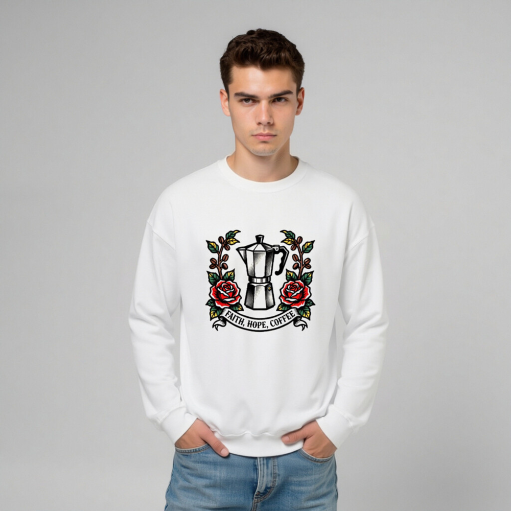 Unisex Coffee Moka Pot Sweatshirt - Faith, Hope, Coffee Tattoo Design - Image 6