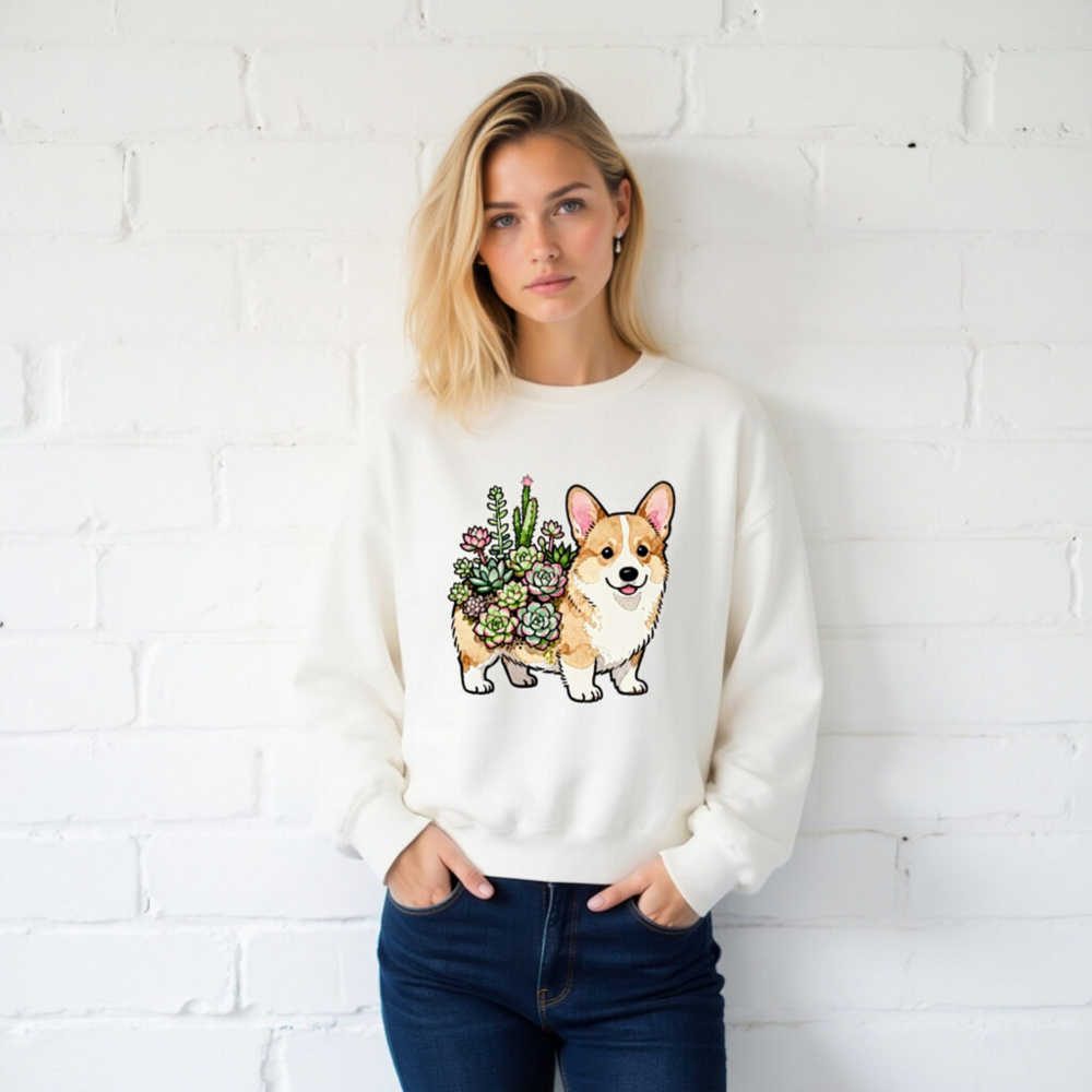 Corgi Succulent Plant Crew Neck Sweatshirt - Unisex Soft Comfort - Image 2