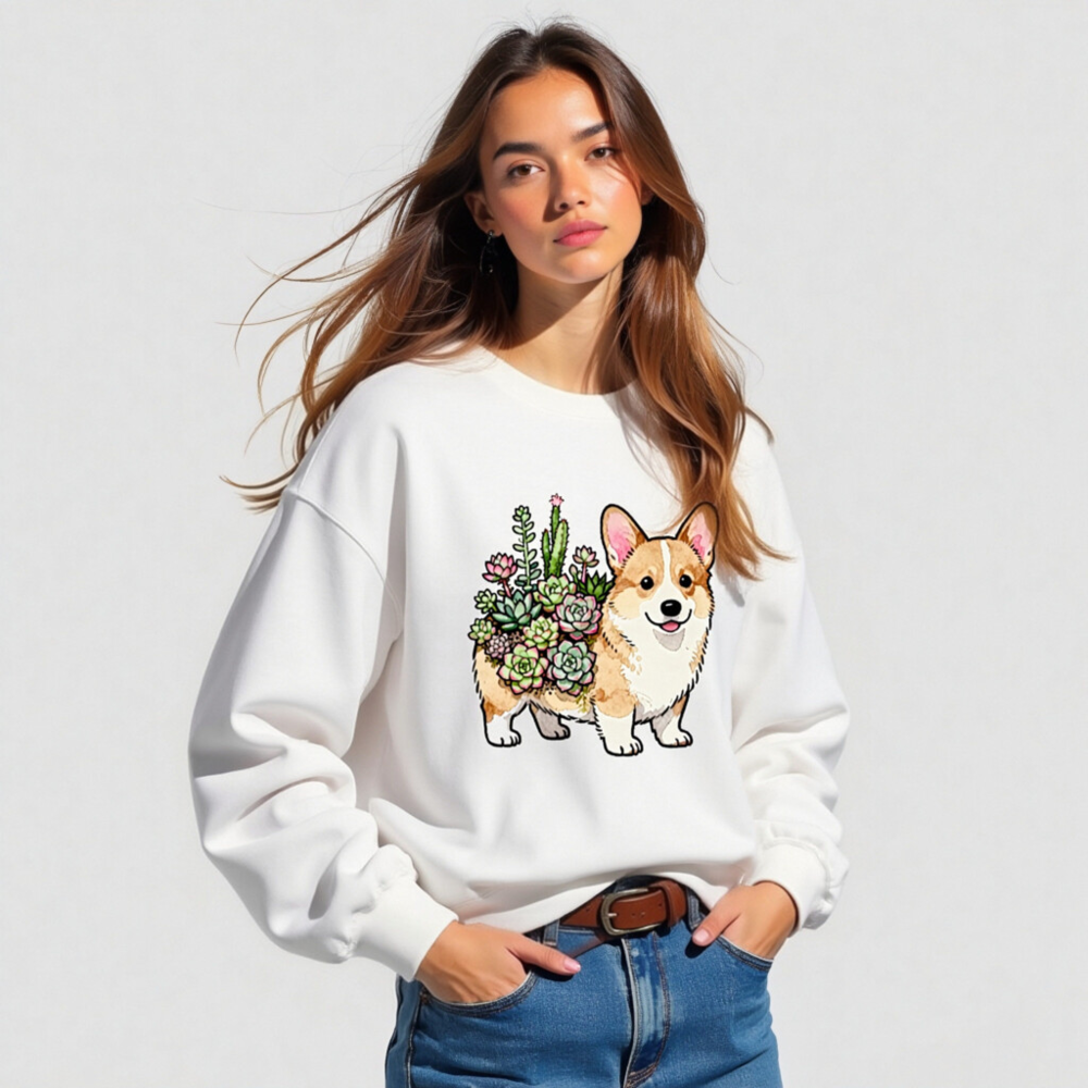Corgi Succulent Plant Crew Neck Sweatshirt - Unisex Soft Comfort - Image 3