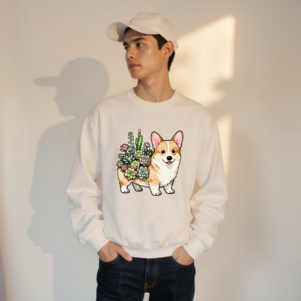 Corgi Succulent Plant Crew Neck Sweatshirt - Unisex Soft Comfort - Image 7