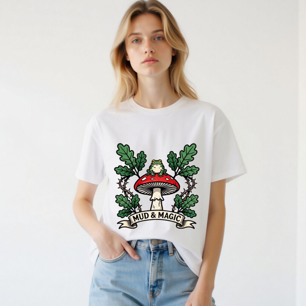 Unisex Organic Cotton T-Shirt | Mud & Magic Frog on Red Mushroom Design - Image 2