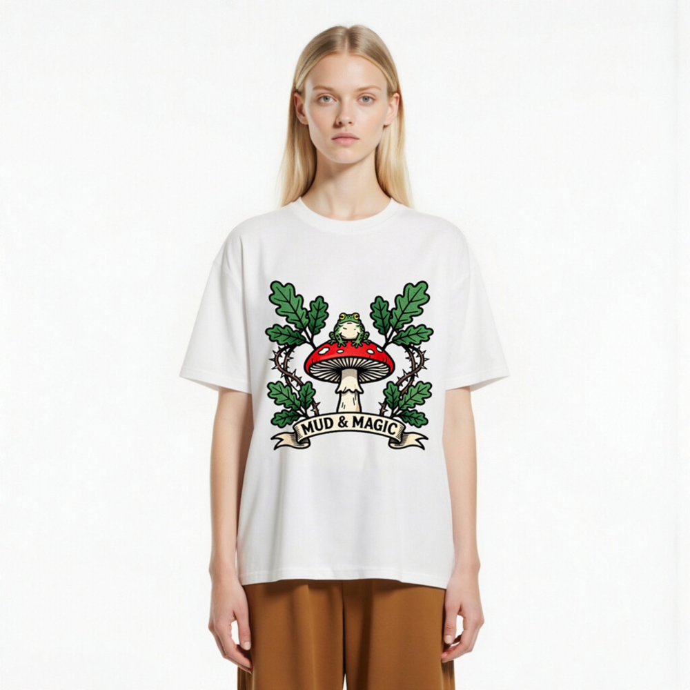 Unisex Organic Cotton T-Shirt | Mud & Magic Frog on Red Mushroom Design - Image 3