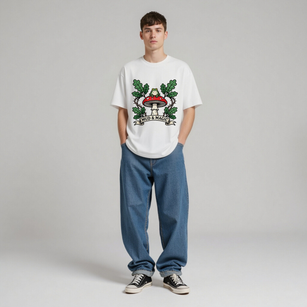 Unisex Organic Cotton T-Shirt | Mud & Magic Frog on Red Mushroom Design - Image 5