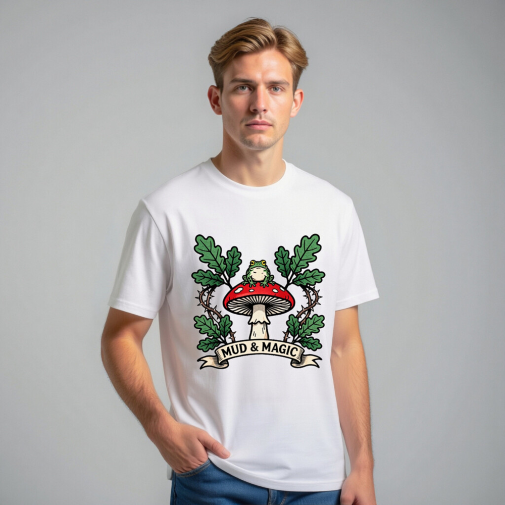 Unisex Organic Cotton T-Shirt | Mud & Magic Frog on Red Mushroom Design - Image 7