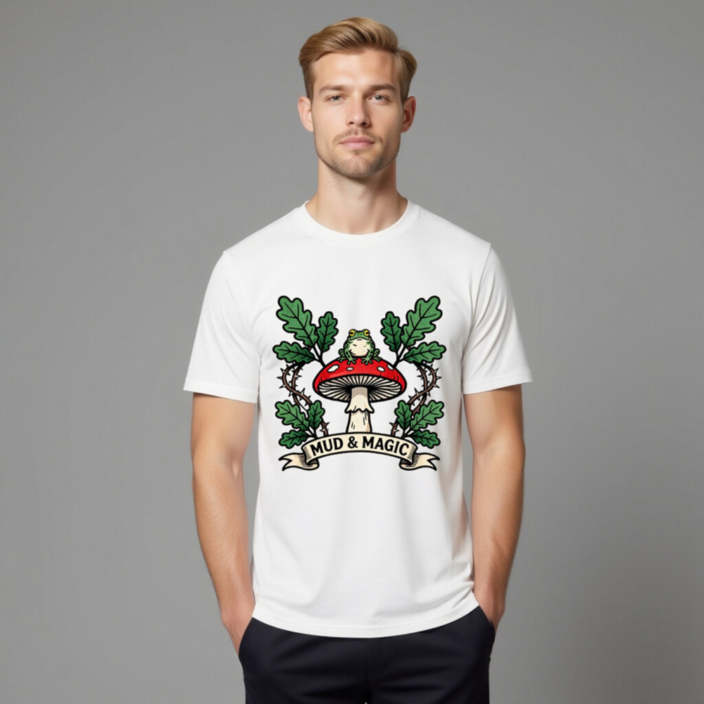 Unisex Organic Cotton T-Shirt | Mud & Magic Frog on Red Mushroom Design - Image 8