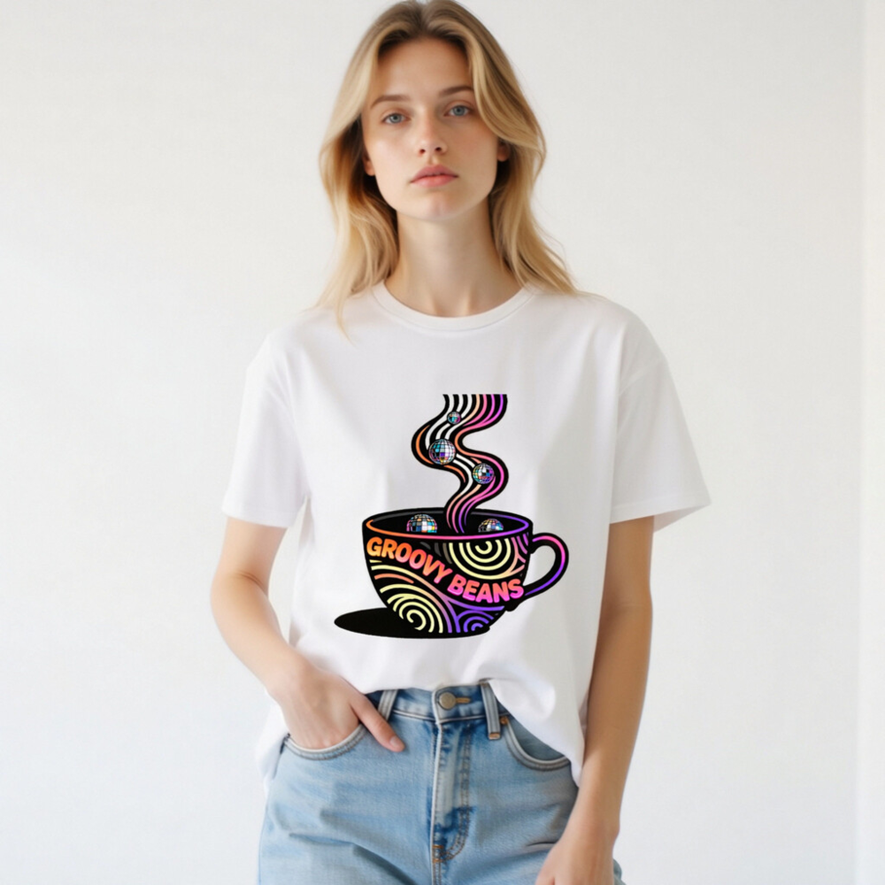 Unisex Organic Cotton T-Shirt | Groovy Beans Disco Coffee Cup Design - Image 2