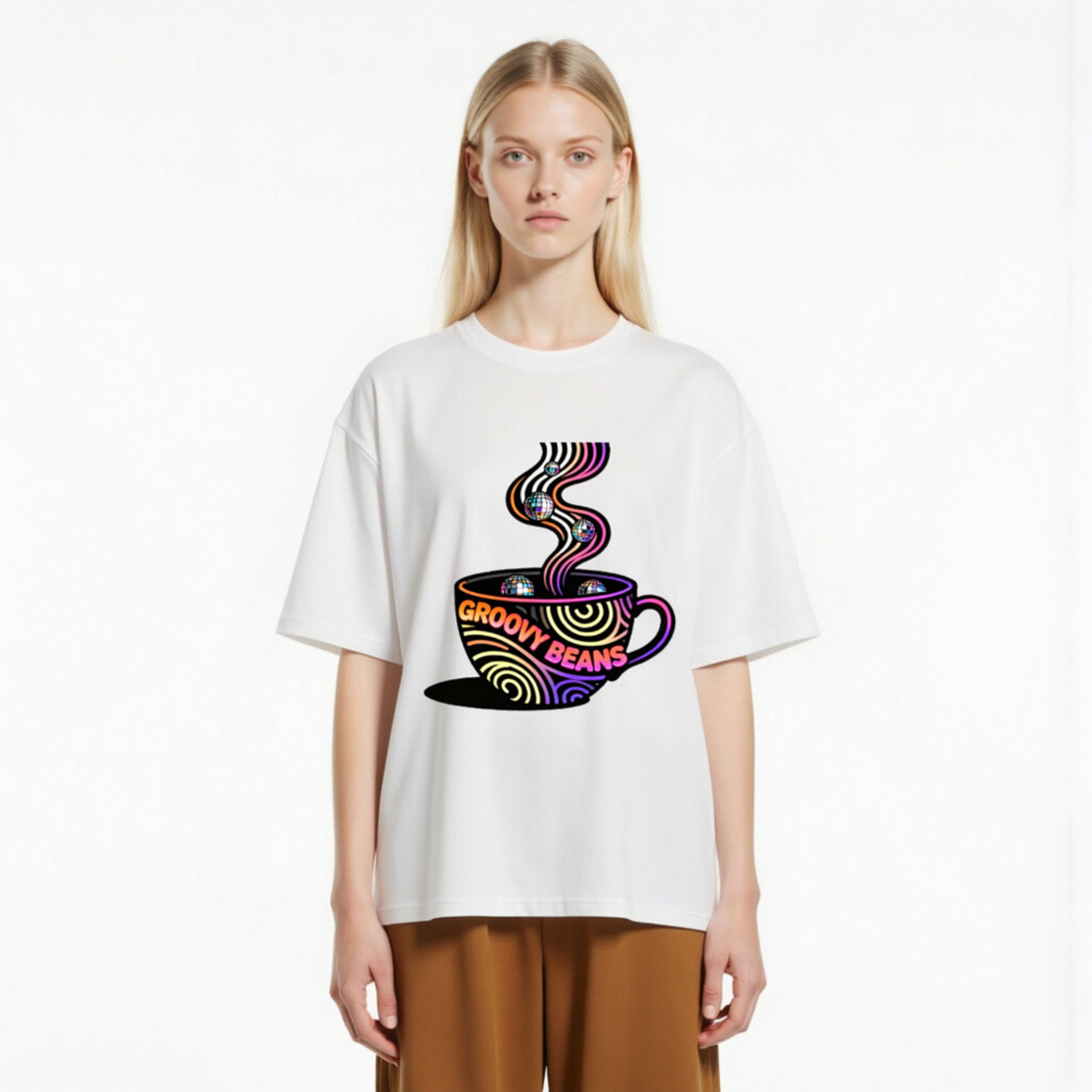 Unisex Organic Cotton T-Shirt | Groovy Beans Disco Coffee Cup Design - Image 3