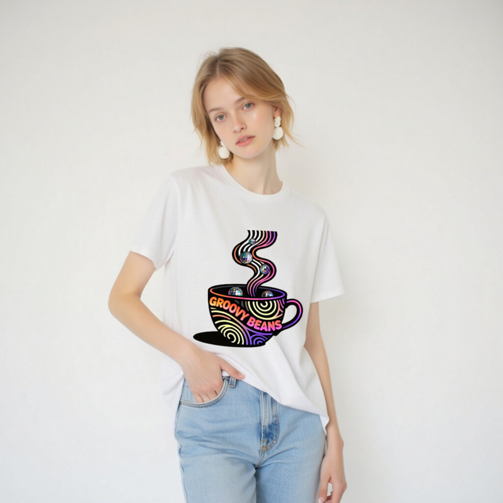 Unisex Organic Cotton T-Shirt | Groovy Beans Disco Coffee Cup Design - Image 4