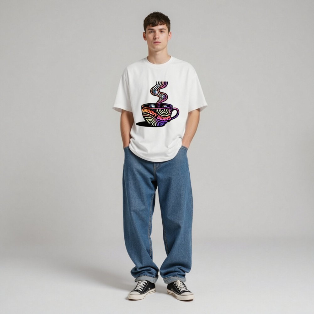 Unisex Organic Cotton T-Shirt | Groovy Beans Disco Coffee Cup Design - Image 5