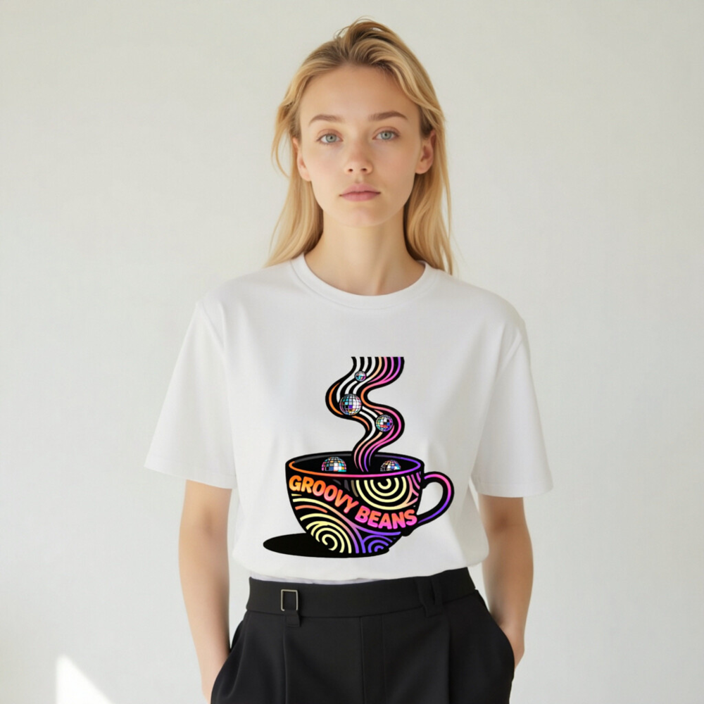 Unisex Organic Cotton T-Shirt | Groovy Beans Disco Coffee Cup Design - Image 6