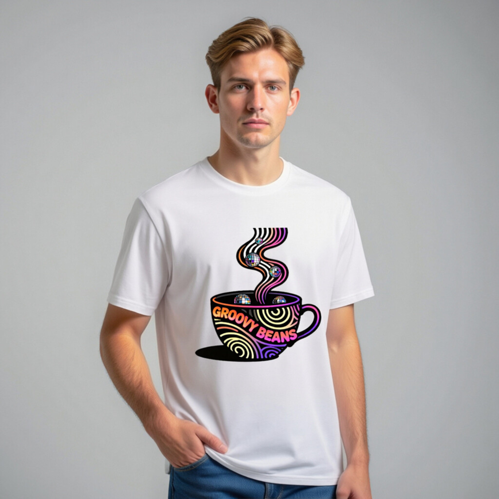 Unisex Organic Cotton T-Shirt | Groovy Beans Disco Coffee Cup Design - Image 7