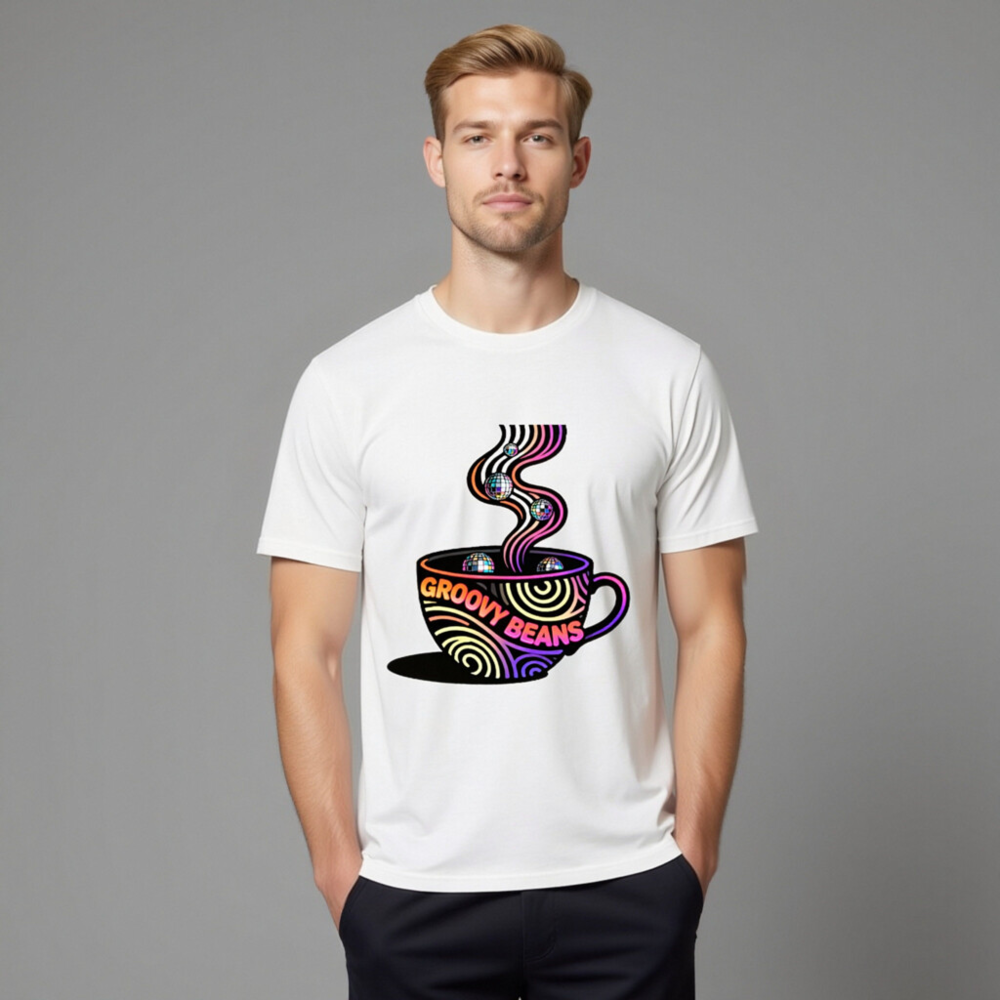 Unisex Organic Cotton T-Shirt | Groovy Beans Disco Coffee Cup Design - Image 8