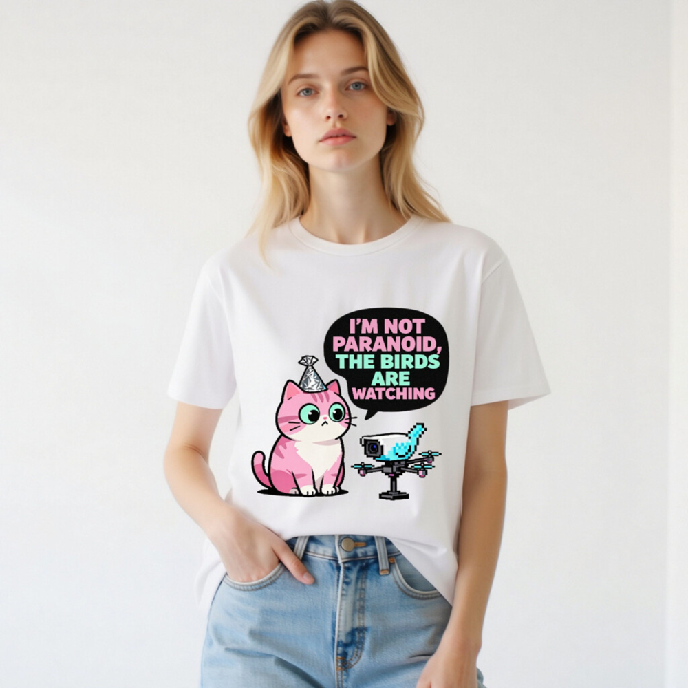 Unisex Organic Cotton T-Shirt: 'I'm Not Paranoid, The Birds Are Watching' Cat & Drone Graphic - Image 2