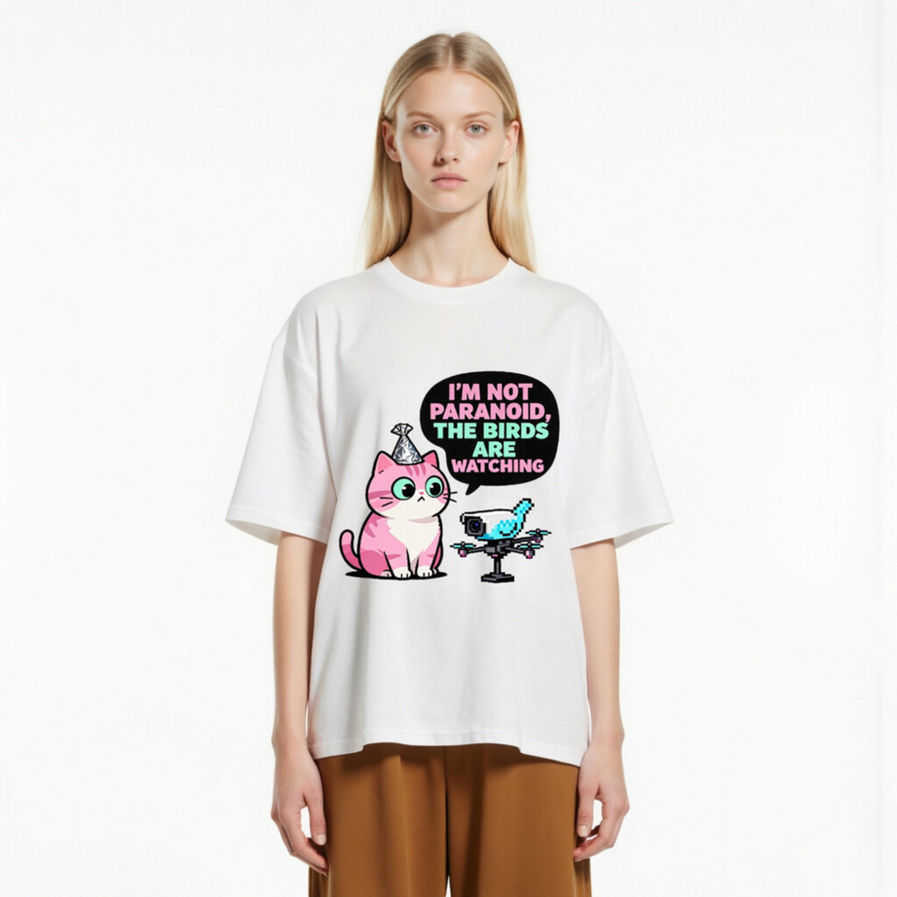 Unisex Organic Cotton T-Shirt: 'I'm Not Paranoid, The Birds Are Watching' Cat & Drone Graphic - Image 3