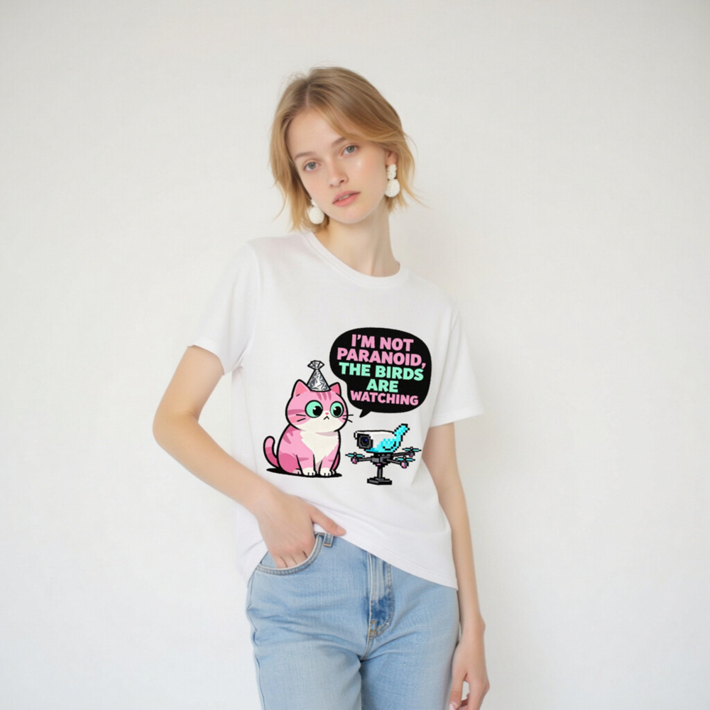 Unisex Organic Cotton T-Shirt: 'I'm Not Paranoid, The Birds Are Watching' Cat & Drone Graphic - Image 4