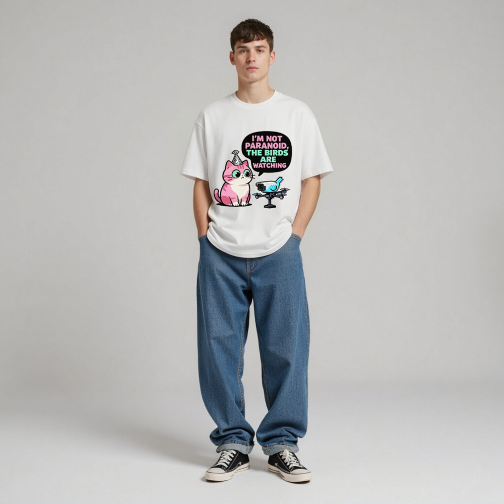 Unisex Organic Cotton T-Shirt: 'I'm Not Paranoid, The Birds Are Watching' Cat & Drone Graphic - Image 5