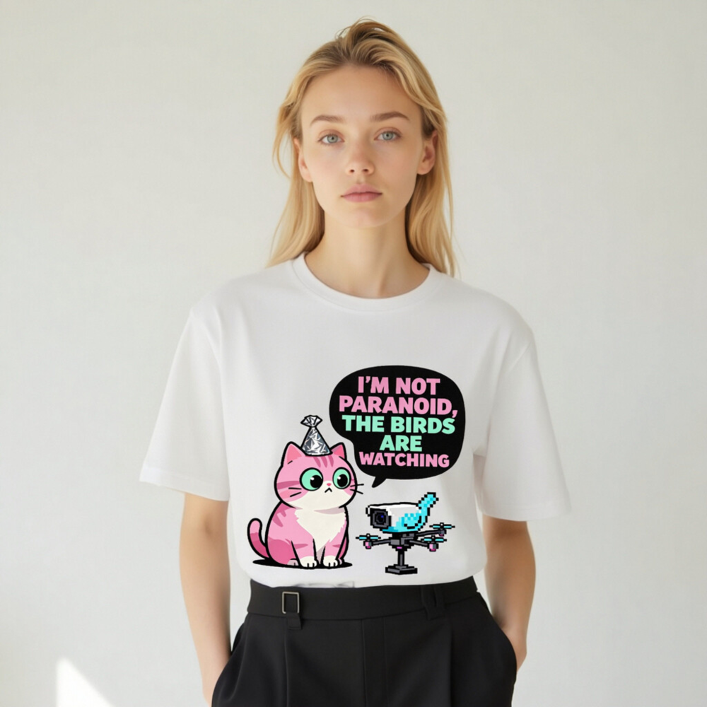 Unisex Organic Cotton T-Shirt: 'I'm Not Paranoid, The Birds Are Watching' Cat & Drone Graphic - Image 6