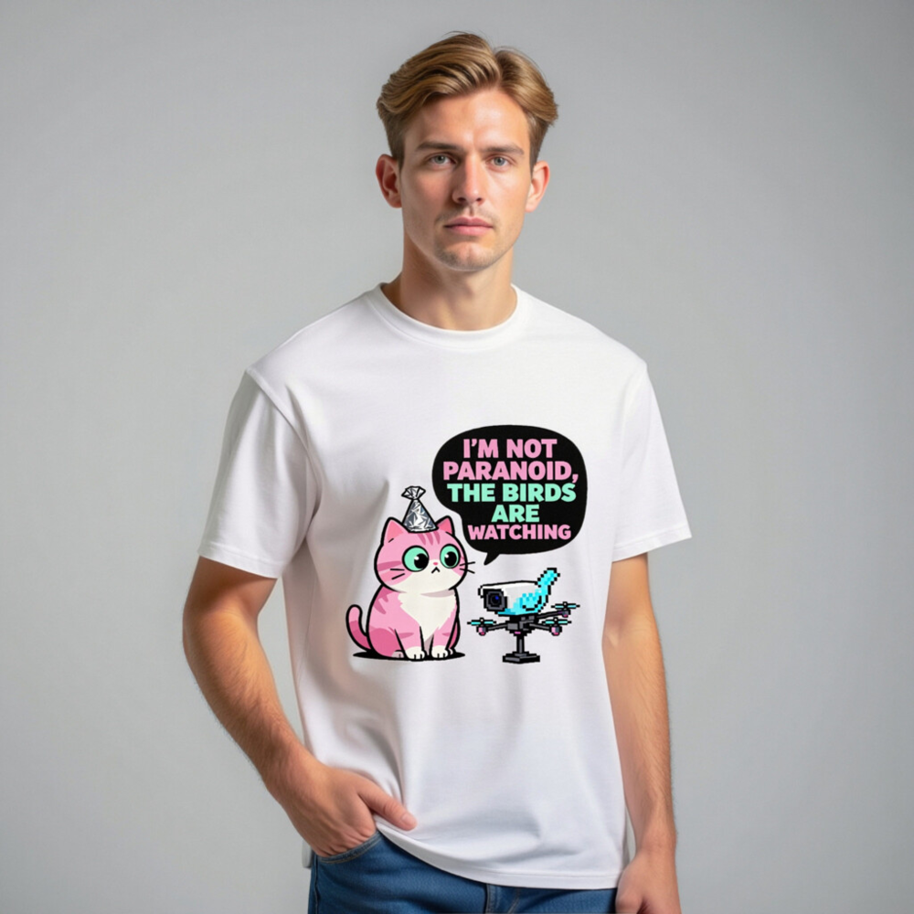 Unisex Organic Cotton T-Shirt: 'I'm Not Paranoid, The Birds Are Watching' Cat & Drone Graphic - Image 7