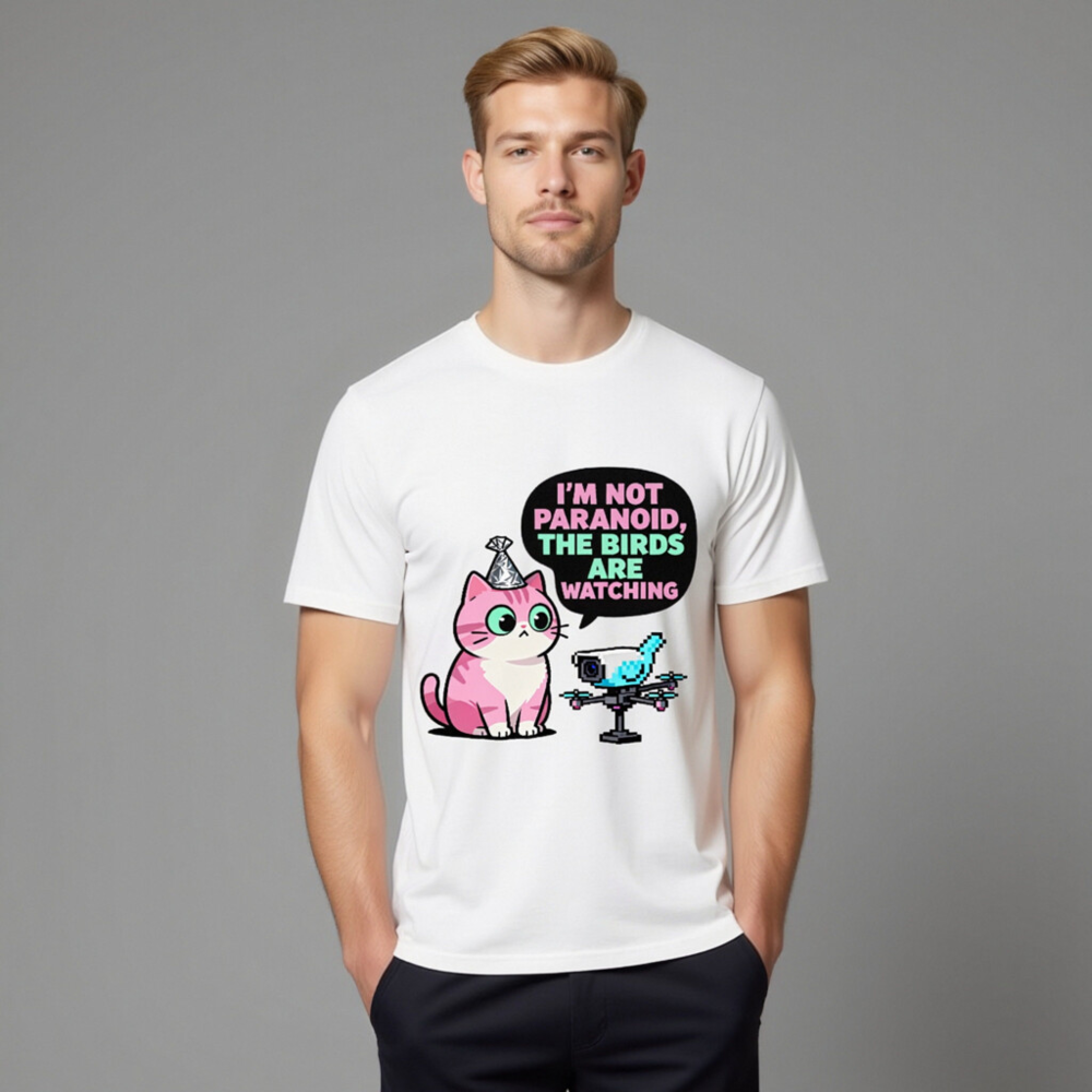 Unisex Organic Cotton T-Shirt: 'I'm Not Paranoid, The Birds Are Watching' Cat & Drone Graphic - Image 8